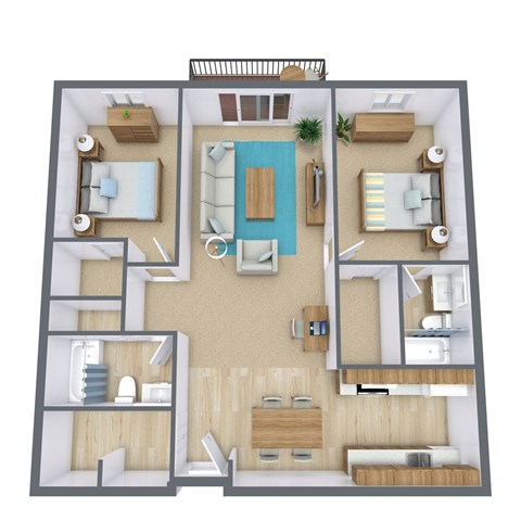 A 3D floor plan of a house with a living room, kitchen, dining room, and bedrooms.