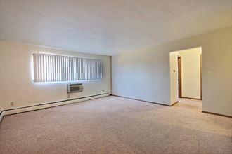 an empty living room with carpet and a window. Fargo, ND Spring Apartments
