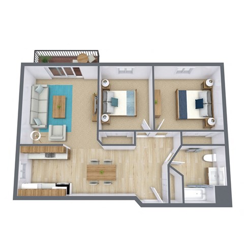 A 3D floor plan of a house with a kitchen, living room, and two bedrooms.
