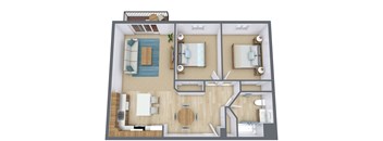 a 3d drawing of a bedroom with a bathroom and a living room