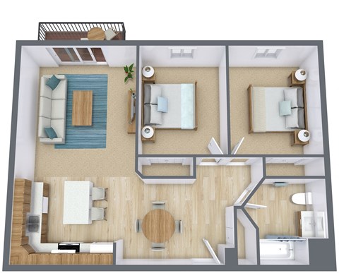 a 3d drawing of a bedroom with a bathroom and a living room