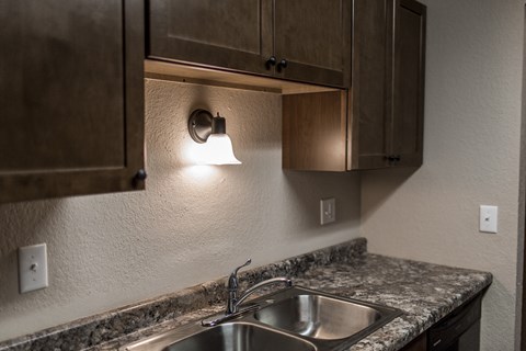 a kitchen with a sink and a light above it