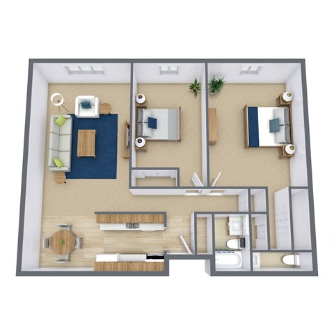 a bedroom floor plan and a living room with a kitchen