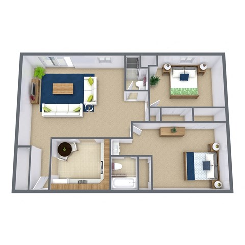 A top-down view of a house layout with a kitchen, living room, and bedrooms.