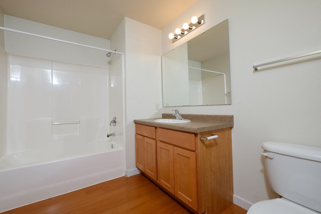 a bathroom with a toilet sink and bathtub. Fargo, ND Thunder Creek Apartments
