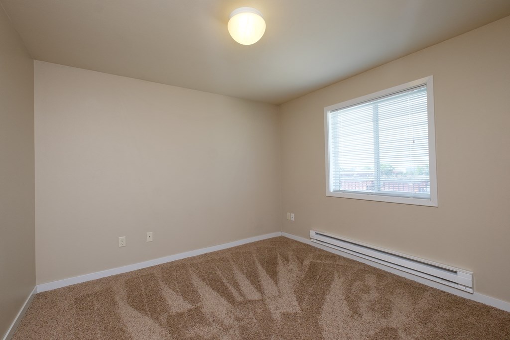 an empty room with carpet and a window. Fargo, ND Thunder Creek Apartments