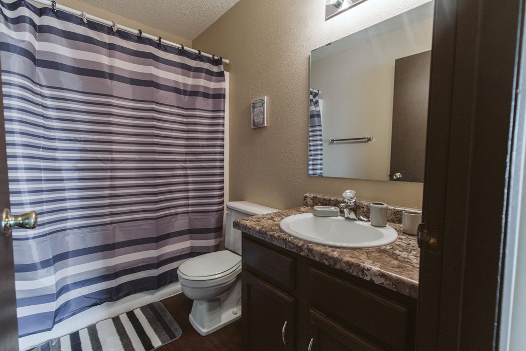 Grand Forks, ND Twin Drive Apartments. A bathroom with a shower and a sink and a toilet