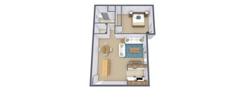 a floor plan of a bedroom with a bathroom and a living room