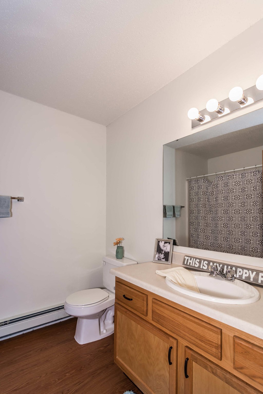 Grand Forks, ND Vista Apartments. a bathroom with white walls and wood floors