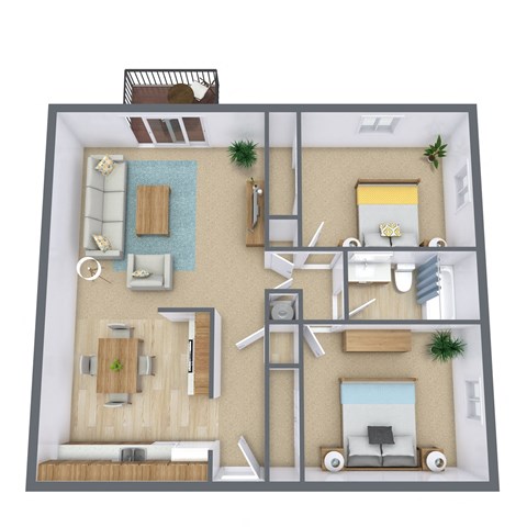 a 3d floor plan of a bedroom with a living room