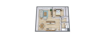 a bedroom floor plan of a small apartment with a living room and a bathroom