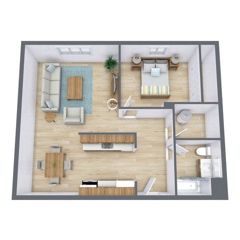 a bedroom floor plan of a small apartment with a living room and a bathroom