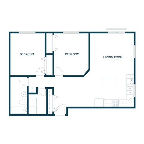 A floor plan of a house with two bedrooms, a living room, and a kitchen.