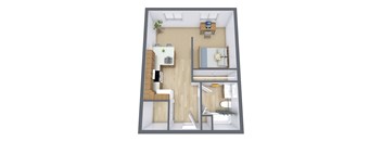 A 3D floor plan of a small apartment with a bedroom, living room, and kitchen.