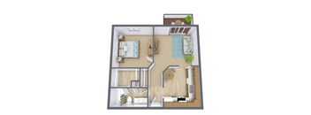 A 3D floor plan of a house with a living room, kitchen, and bathroom.