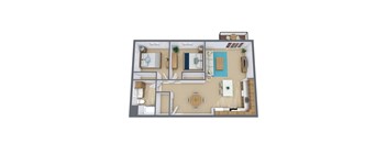 A top-down view of a modern apartment layout with a living room, dining area, kitchen, and bathroom.