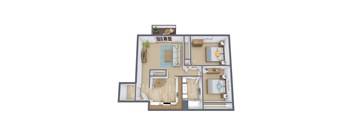 A 3D floor plan of a house with a living room, kitchen, and two bedrooms.