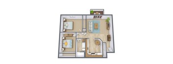 A 3D floor plan of a house with a living room, kitchen, dining room, and bathroom.