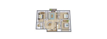 A 3D floor plan of a house with a kitchen, living room, and bathroom.