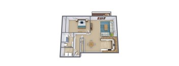A 3D floor plan of a house with a kitchen, living room, and bedrooms.