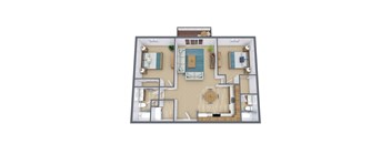 A top-down view of a house layout with a living room, dining room, kitchen, and bedrooms.