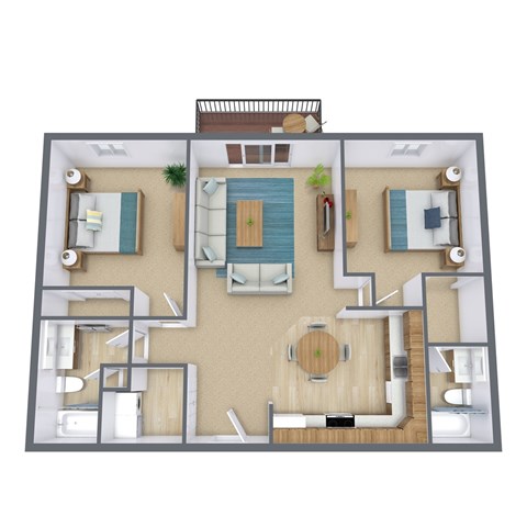 A top-down view of a house layout with a living room, dining room, kitchen, and bedrooms.