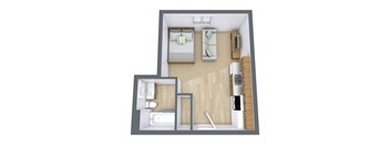 A 3D floor plan of a small apartment with a bedroom, living room, and kitchen.