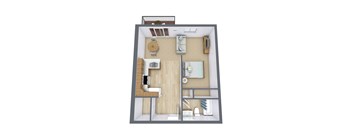 A 3D floor plan of a small apartment with a kitchen, living room, and bathroom.