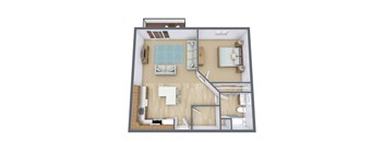 A 3D floor plan of a small apartment with a kitchen, living room, and bedroom.