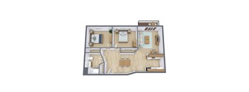 A 3D floor plan of a house with a kitchen, living room, and bedrooms.