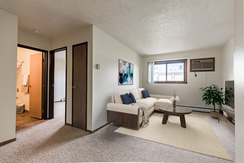 Bismarck, ND Eagle Sky II. a small living room with a couch and a coffee table a small window lets natural light in.
