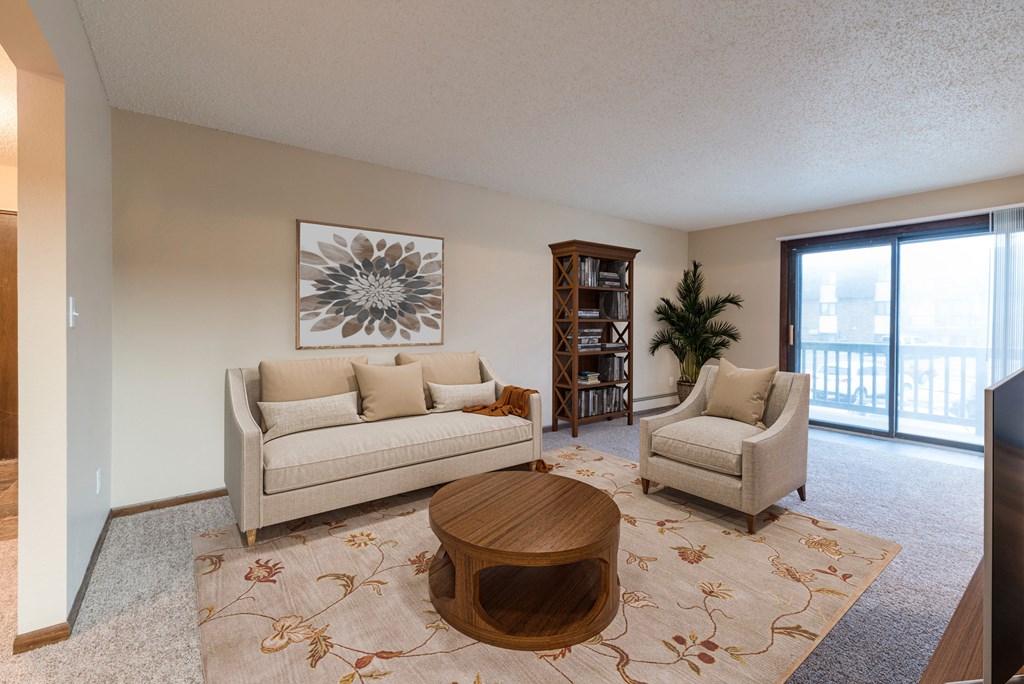 Bismarck, ND Newgate Apartments | Living Bismarck, ND Newgate Apartment a living room with a large rug, couch, and tv. A glass sliding door brightens the room with natural light