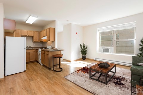 Bismarck, ND Norma apartment. The space features a comfortable living area and a separate sleeping room. The living area is designed with simplicity and functionality, while the sleeping room provides privacy and tranquility. It's a comfortable and inviting living space with natural light from the large window