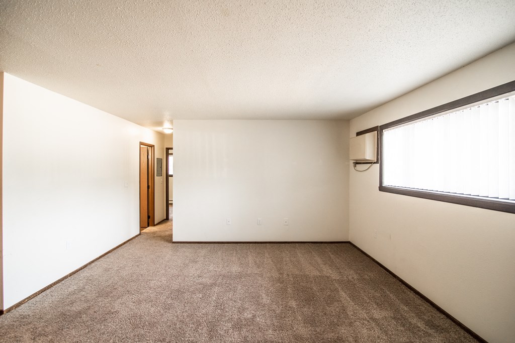 Bismarck, ND Rosser Apartments. an empty room with carpet and a large window