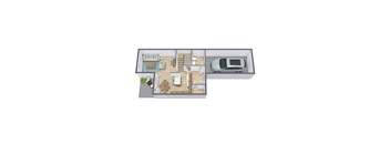 A top-down view of a small apartment with a car parked outside.