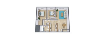 A 3D floor plan of a house with a living room, kitchen, dining room, and bedrooms.