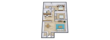 A 3D floor plan of a house with a living room, kitchen, dining area, and bedrooms.