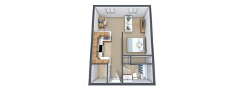 A 3D rendered image of a small apartment layout.