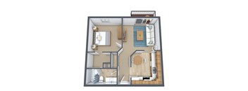 A 3D floor plan of a small apartment with a bedroom, living room, and kitchen.