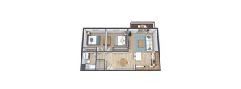 A 3D floor plan of a house with a kitchen, living room, and bathroom.