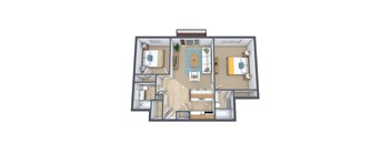 A 3D floor plan of a house with a living room, kitchen, and two bedrooms.