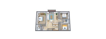 A 3D floor plan of a house with a living room, kitchen, and two bedrooms.