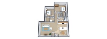 A 3D floor plan of a house with two bedrooms, a living room, a kitchen, and a bathroom.