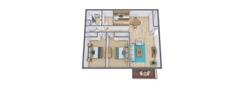 A top-down view of a modern living room with a sofa, a coffee table, and a dining table.