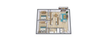 A 3D floor plan of a house with a living room, dining room, kitchen, and two bedrooms.