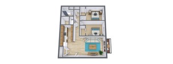 A 3D floor plan of a house with a living room, kitchen, and two bedrooms.