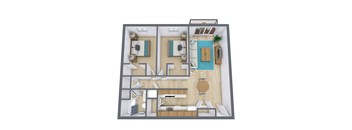 A top-down view of a modern apartment layout with two bedrooms, a living room, and a kitchen.