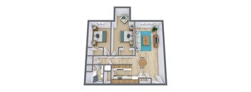 A top-down view of a house layout with two bedrooms, a living room, a kitchen, and a bathroom.