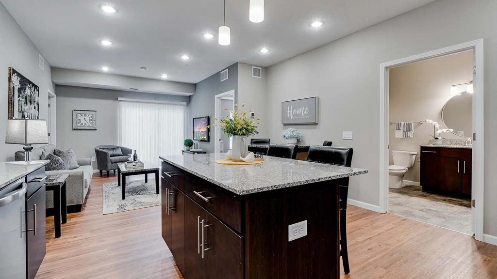 a kitchen with a counter top and a living room. Circle Pines, MN Lexington Lofts