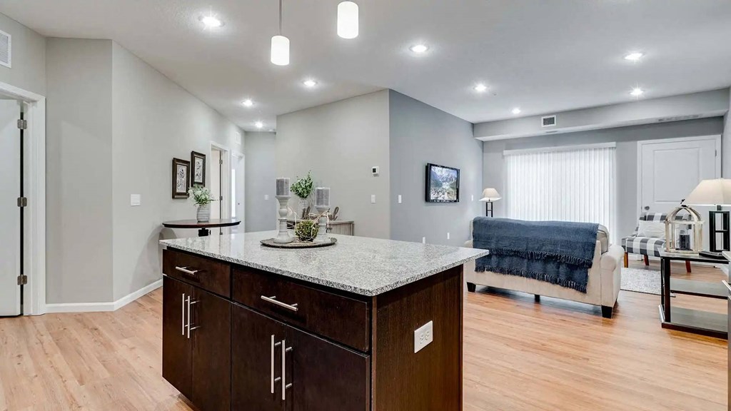 a kitchen with an island and a living room with a couch. Circle Pines, MN Lexington Lofts